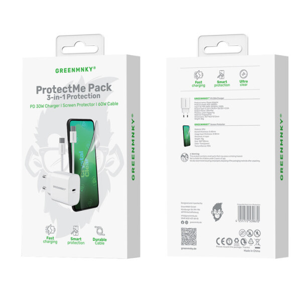 3in1 Starter Kit CC Folie + 30w Charger + USB-C-C 2m Kabel 60w